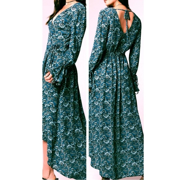 New Band of Gypsies Collective Jewel Teal Floral Wrap Maxi Dress Sz XS - Picture 5 of 13